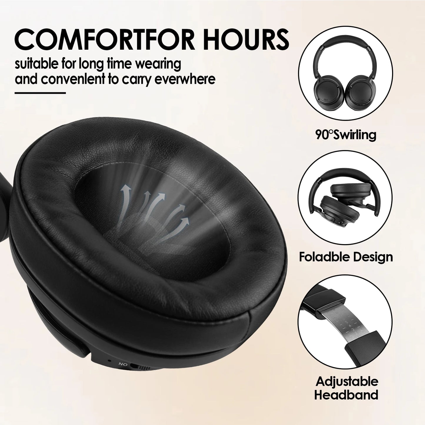 Siindoo Newest JH-ANC630 Active Noise Cancelling Wireless Headphones Over Ear Bluetooth earphones with Mic 70H Playtime Black