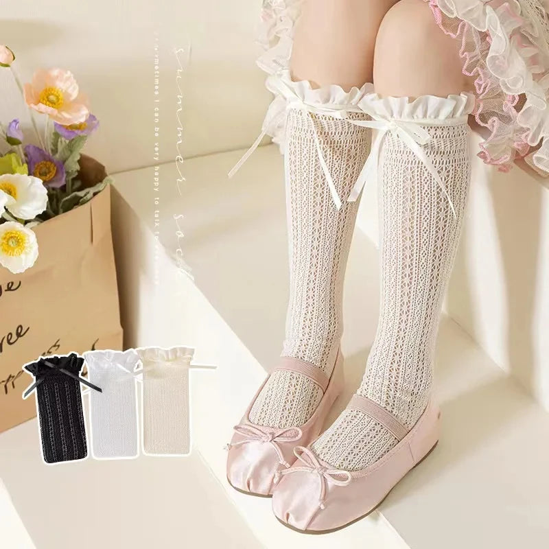Girls Long Tube Lace Stockings Sweet Bow Pattern Mesh Sock Baby Girl Ballet Fishing Net Frilly Socks Lolita Leggings