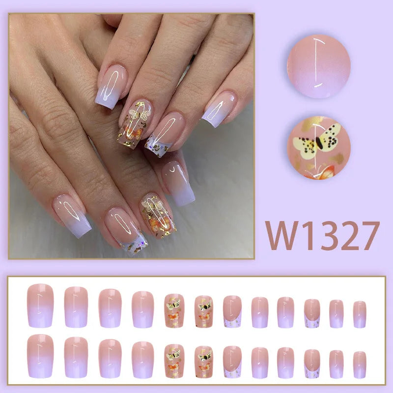 Mandarin Duck 24 Pcs Press on Nails Pink Gradient Fake Nails Glossy Artificial Finger Manicure Reusable False Nails