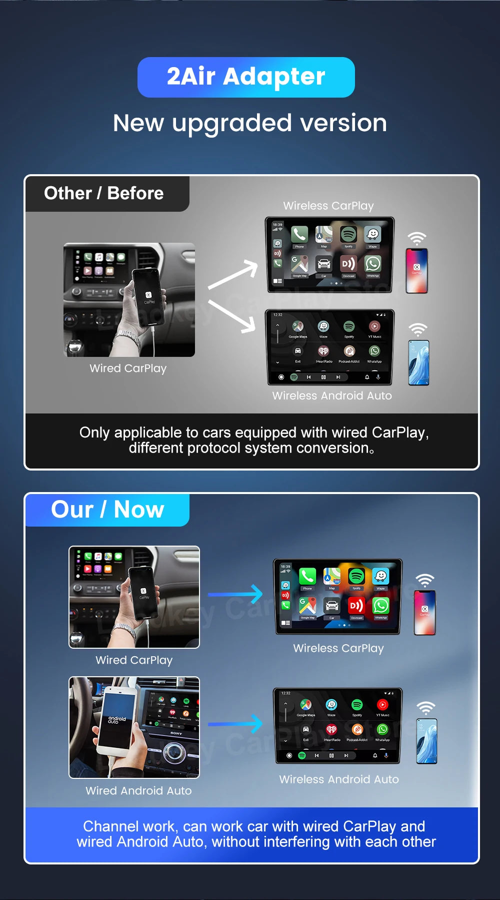 CarlinKit 5.0 Wireless CarPlay Android Auto Adapter 3 in 1 Wireless Car Adapter for Mazda Toyotal Peugeot Volvo Kia Spotify