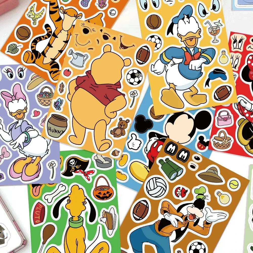 8/16Sheets Disney Micke Puzzle Stickers  Children DIY Make-a-Face Funny Assemble Jigsaw Cartoon Sticker Kids Educational Toys