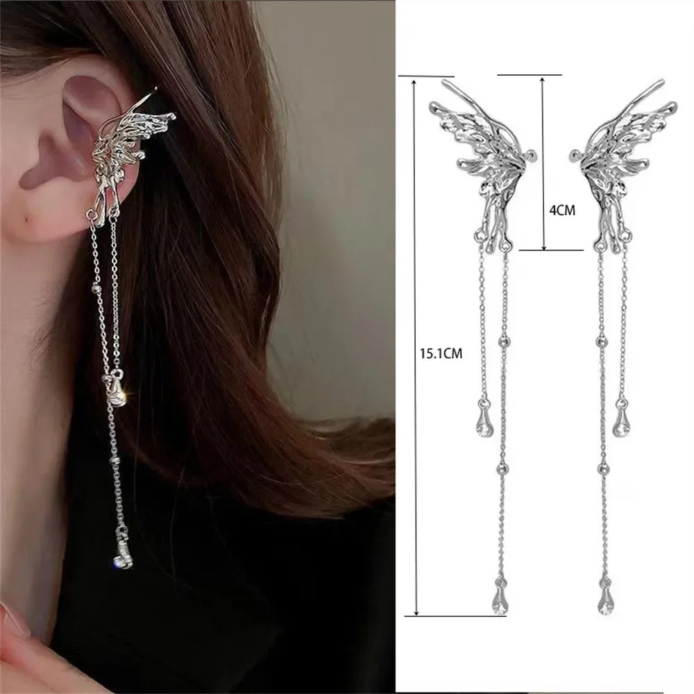 Y2K Fairy Butterfly Tassel Ear Clips Angel Ear Bone Clip Earring Elf Female No Hole Ear Cuff Hanging Earring Fashion Jewelry