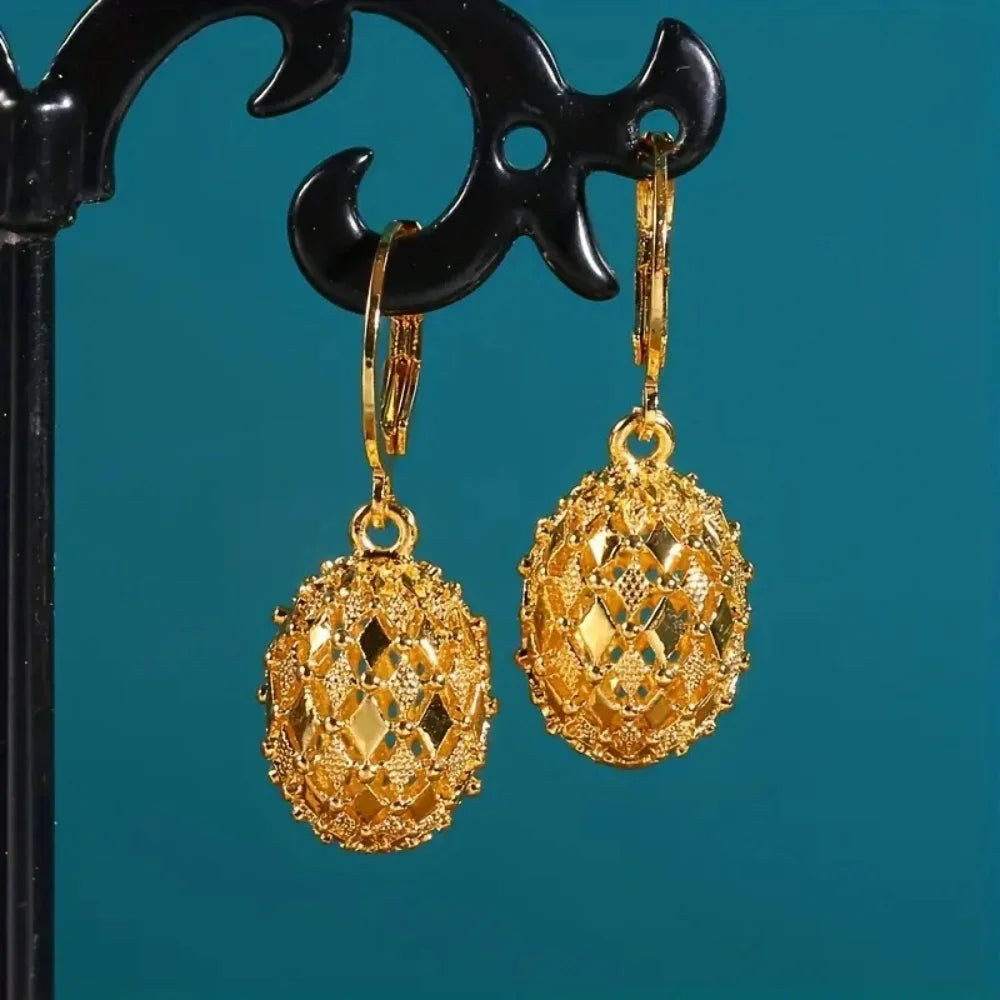 Vintage Metal Hand Engraved Pattern Hoop Earrings Classic Women's Gold Plated Hook Drop Earrings