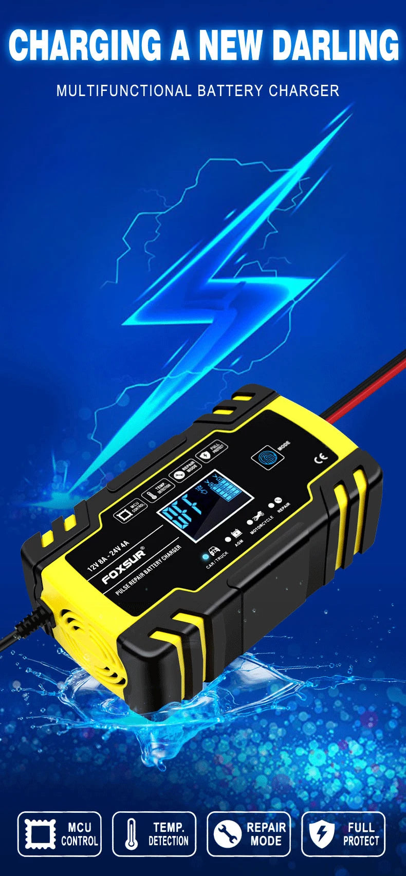 FOXSUR 12V/24V 8A Smart Battery Charger Automatic Start Fast Charger Use For Car Motorcycle Truck Deepcycle Wet Dry Lead Acid