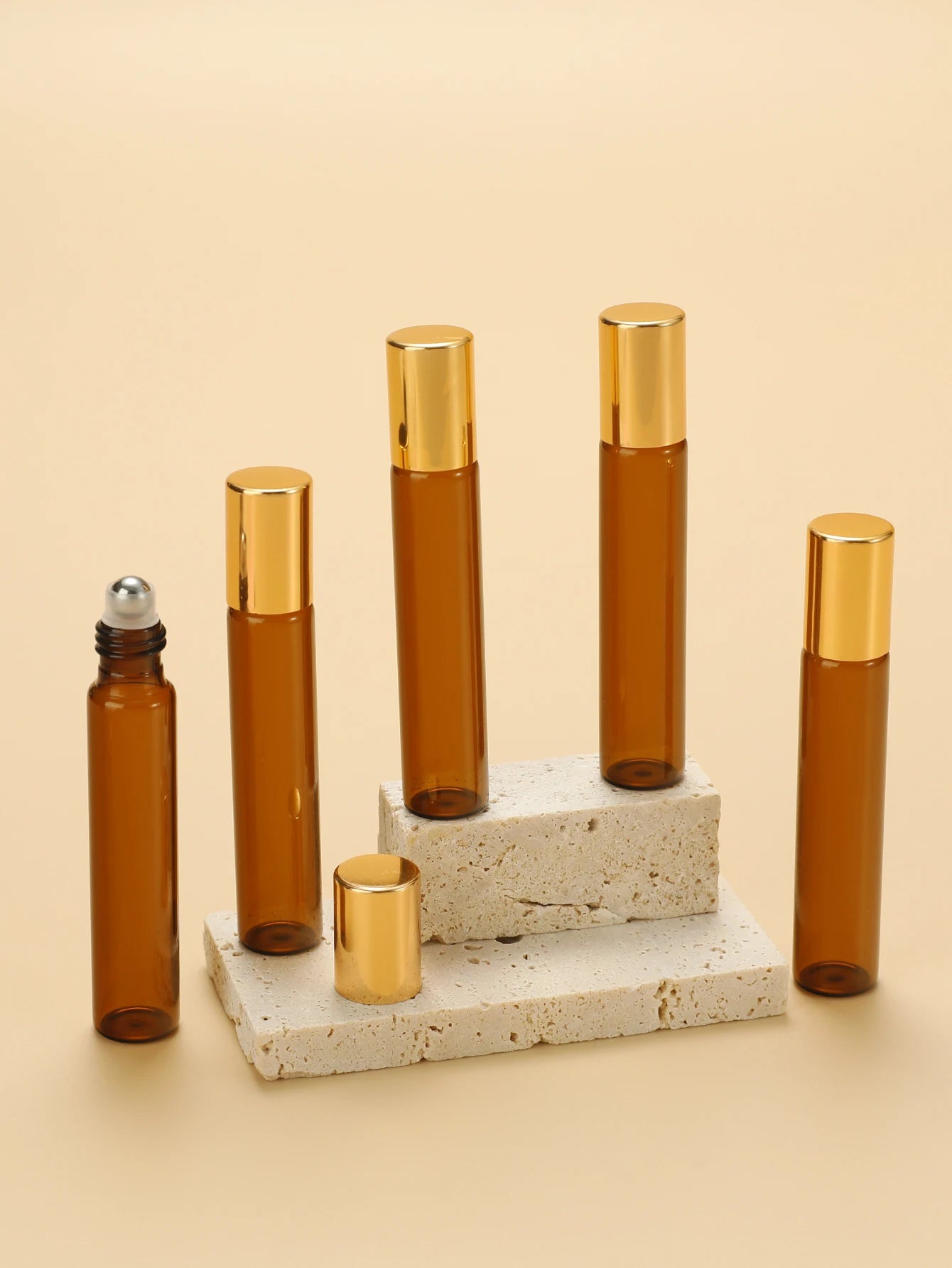 5 Refillable Glass Essential Oil Bottles, Amber Glass Bottle Rollerball Perfume Bottle, Stainless Steel Ball Hollow Travel Rolle