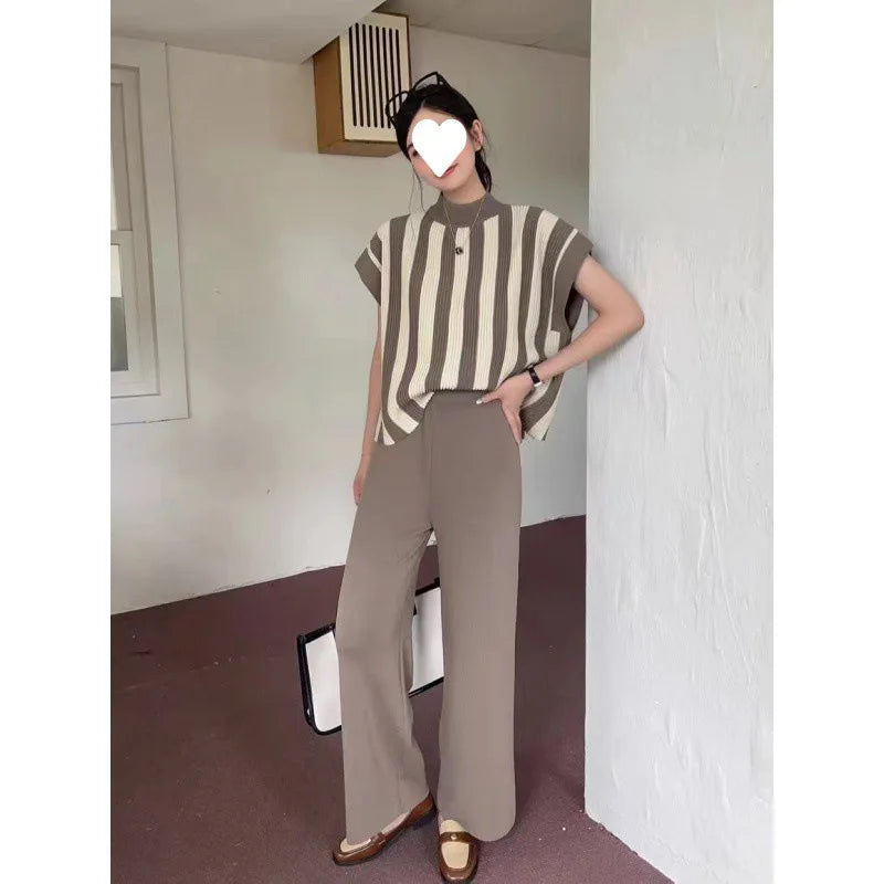 2024 Fashion Minimalist Patchwork Loose Short Sleeved Sweater Top High Waisted Slimming Wide Leg Pants Two-piece Set