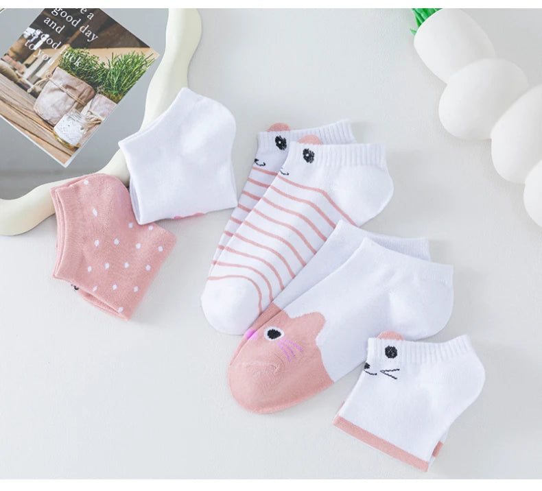 5 Pairs of WOMEN'S Short Socks, Pink Cat Thin, Cute All Season Boat Socks, Slow Top, Fashionable Boat Socks