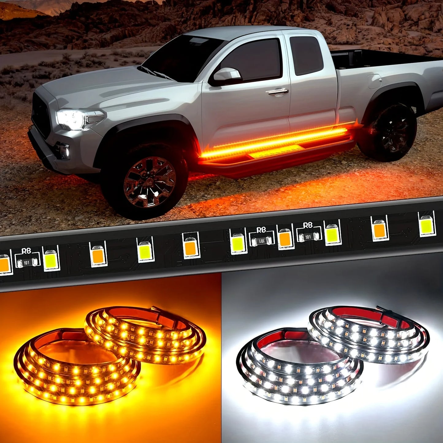 2pcs Truck LED Running Board Lights LED Side Marker Welcome Light Flexible Amber Turn Signal Light Bar for Pickup Truck Car 12V