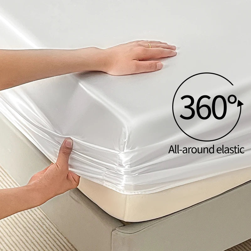 Satin Elastic Fitted Sheet Solid Mattress Cover 360 Band Bed Sheet for Single Double Couple King Queen Full Twin Bedsheet