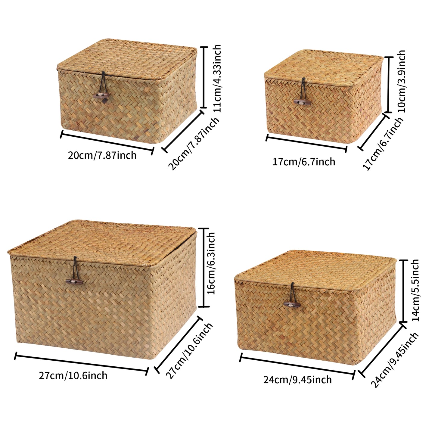 Set of 4 Seagrass Basket with Lid Wicker Storage Basket Decor Storage Boxes Flat Storage Bins Woven Organizer Baskets for Shelf