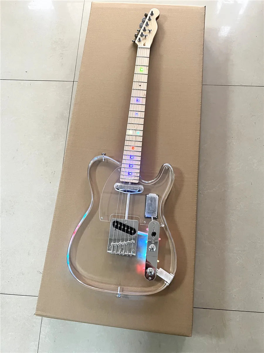 High quality classic acrylic transparent Plexiglass crystal 6-string electric guitar LED lights Maple guitar neck Free shipping