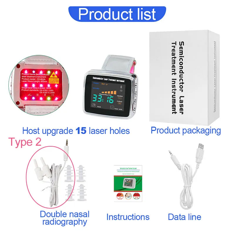 15 Laser 650nm Laser Therapy Wrist Watch LLLT for Diabetes Hypertension Cholesterol Treatment Laser Rhinitis Physiotherapy
