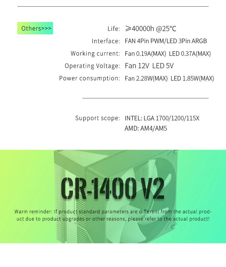 Jonsbo CR 1400 V2 CPU Cooler ARGB Quiet Fan 4 Heat Pipes Air Radiator for LGA1700 1200 115X AM4 AM5 PC Processor Heatsink Cooler