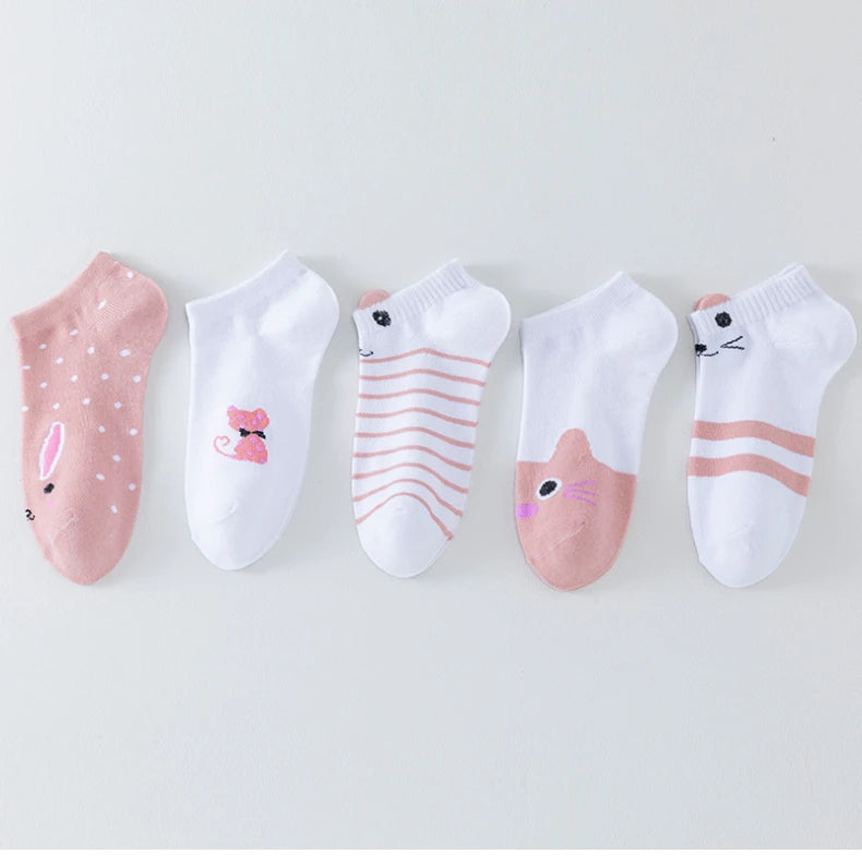 5 Pairs of WOMEN'S Short Socks, Pink Cat Thin, Cute All Season Boat Socks, Slow Top, Fashionable Boat Socks