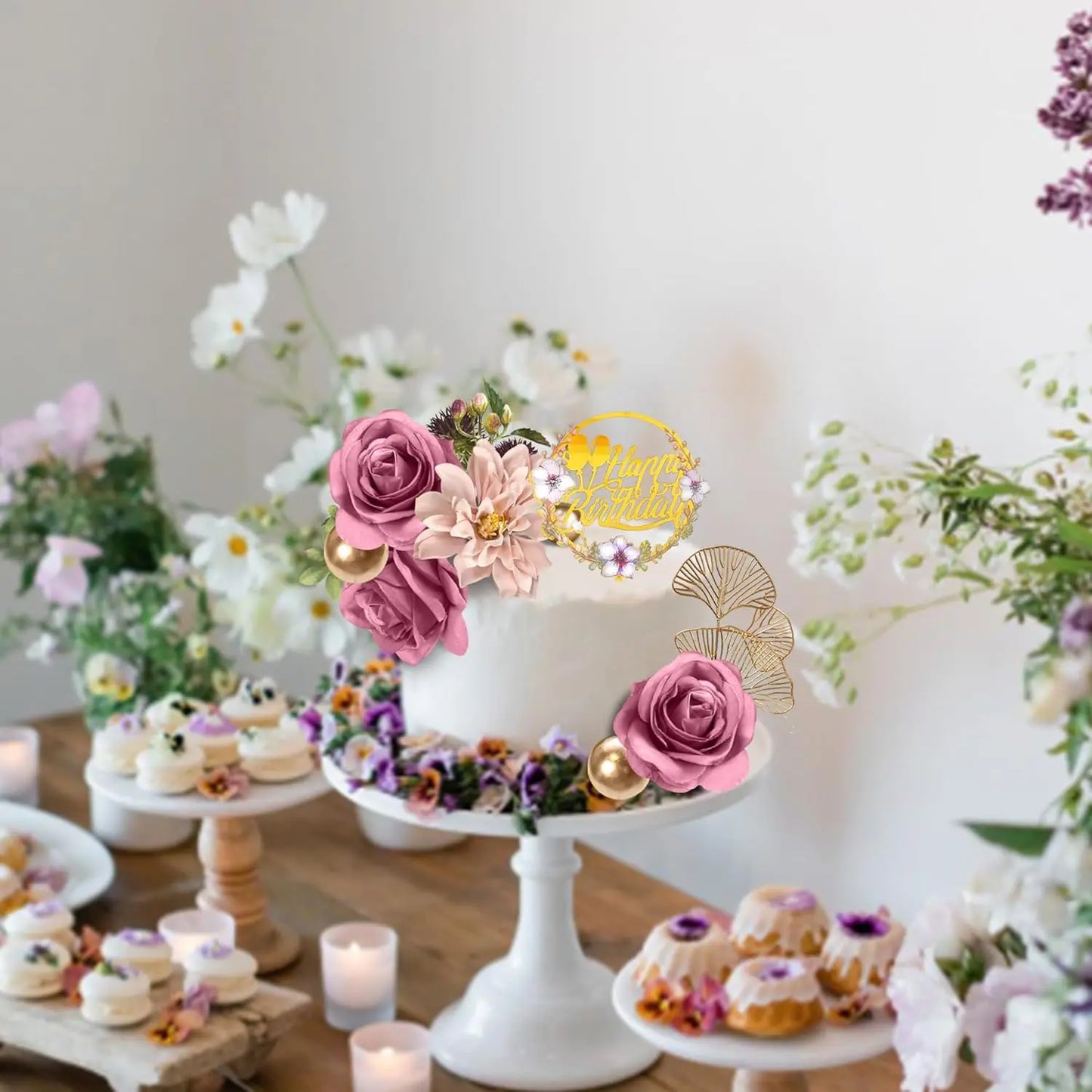 Flower Cake Toppers Happy Birthday Cake Toppers with Artificial Purple Rose Flowers Eucalyptu Leaves for Birthday Wedding Party