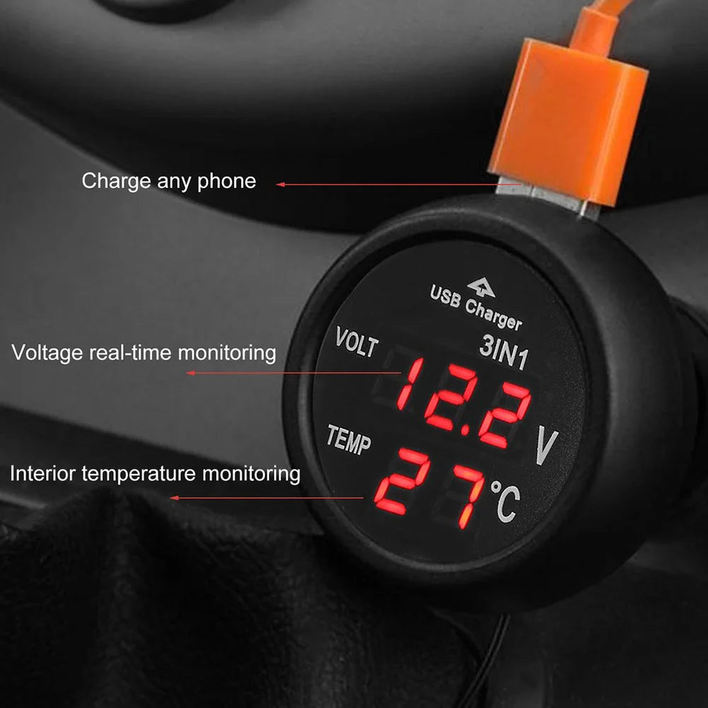 3 in 1 12/24V Car Auto LED Digital Voltmeter Gauge Thermometer USB Charger Monitor Display Charging for Phone Tablet GPS