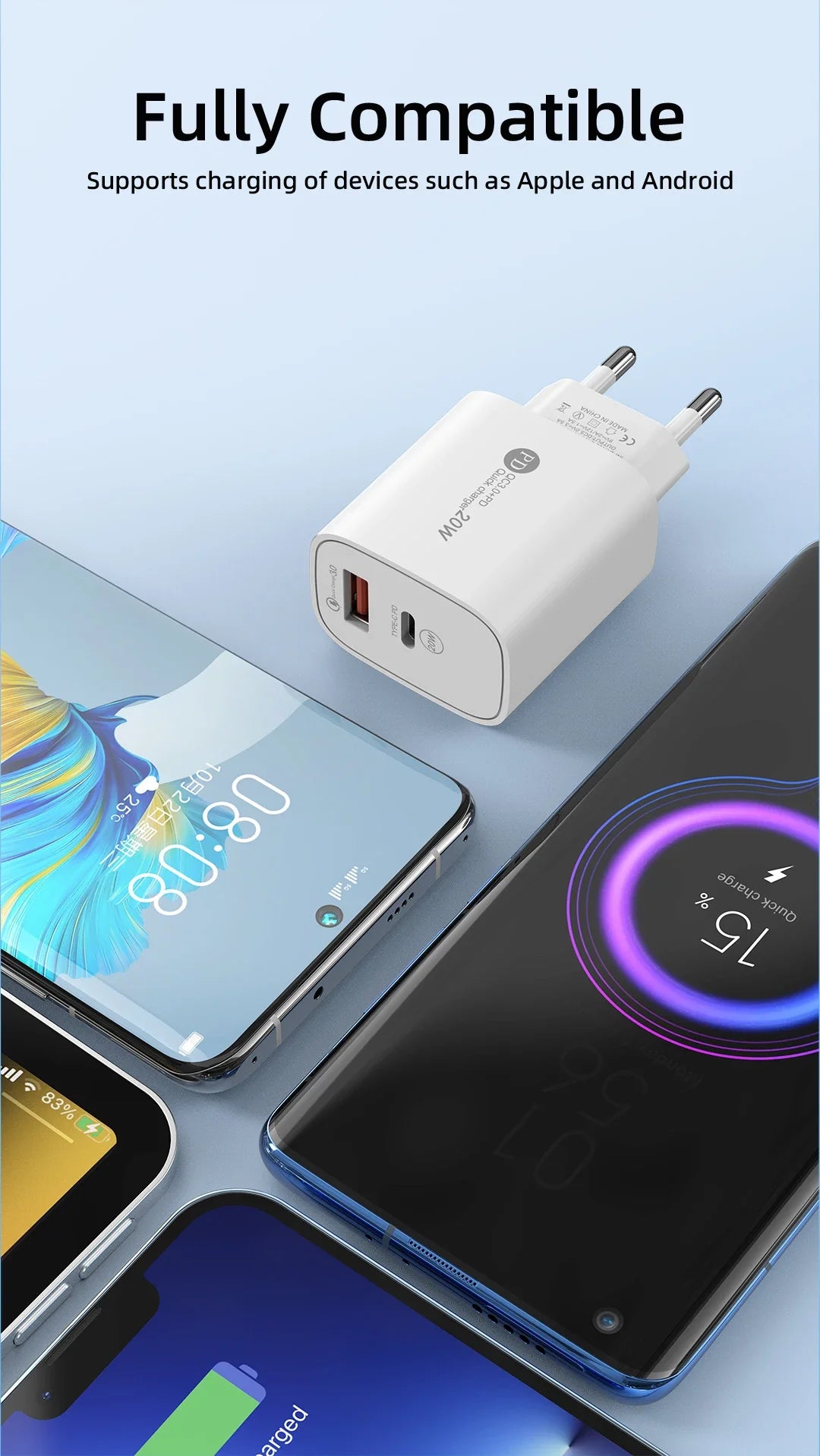 20W USB C Charger PD Fast Charging Quick Charge QC3.0 Type C Mobile Phone Wall Adapter for IPhone 15 Samsung Xiaomi USB Charger