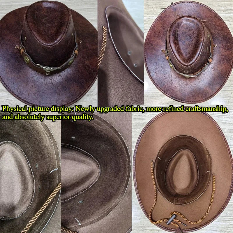 Faux Leather Western Cowboy Hats For Women Men Vintage Gentleman Dress Hats Panama Cowgirl Jazz Cap Sombrero Hombre