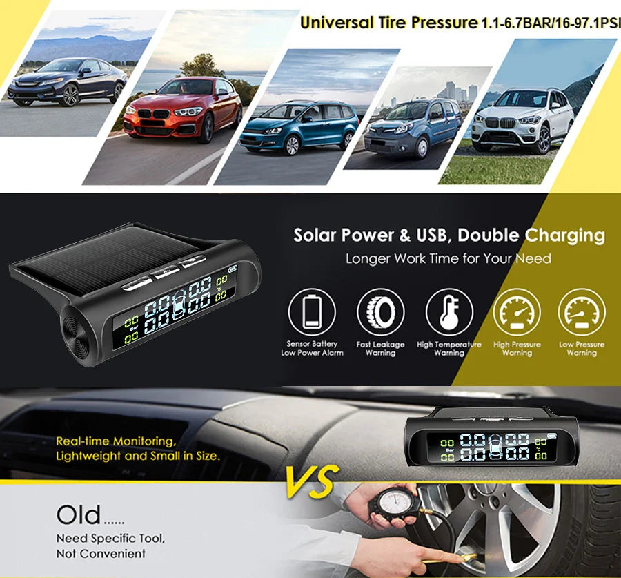 Smart TPMS Car Tire Pressure Alarm Monitor System 4 Sensors Display Solar Intelligent Tyre Pressure Temperature Warning