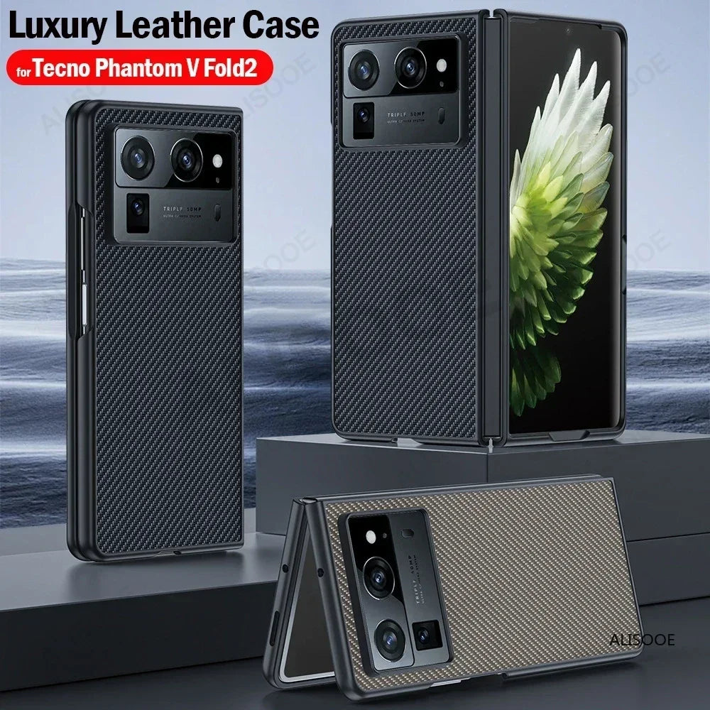Shockproof Funda For Tecno Phantom V Fold 2 Case Carbon Fiber Texture PU-Leather Phone Cover for Phantom V Fold2 5G Capa