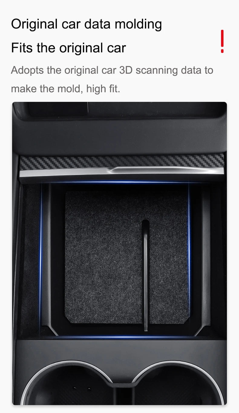 For Tesla Model 3 Highland 2024 Storage Box Flocking New Model 3+ Center Console Armrest Storage Box Stowing Tidying Cup Holder