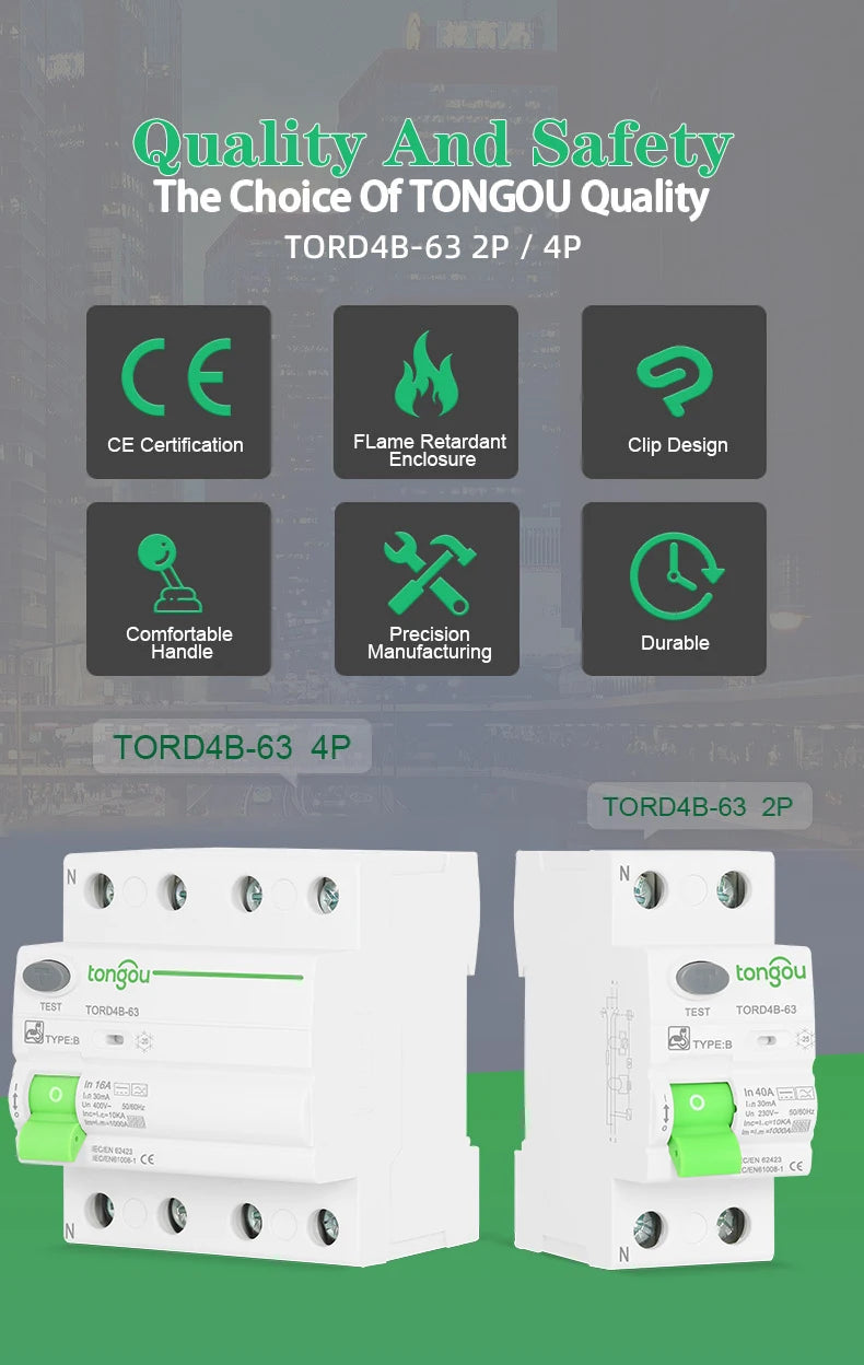 RCD RCCB Type B Earth Leakage Residual Current Circuit Breaker Evse 2P 4P AC 40a 63a 30ma 100ma 300ma 10KA Din Rail 230V TONGOU