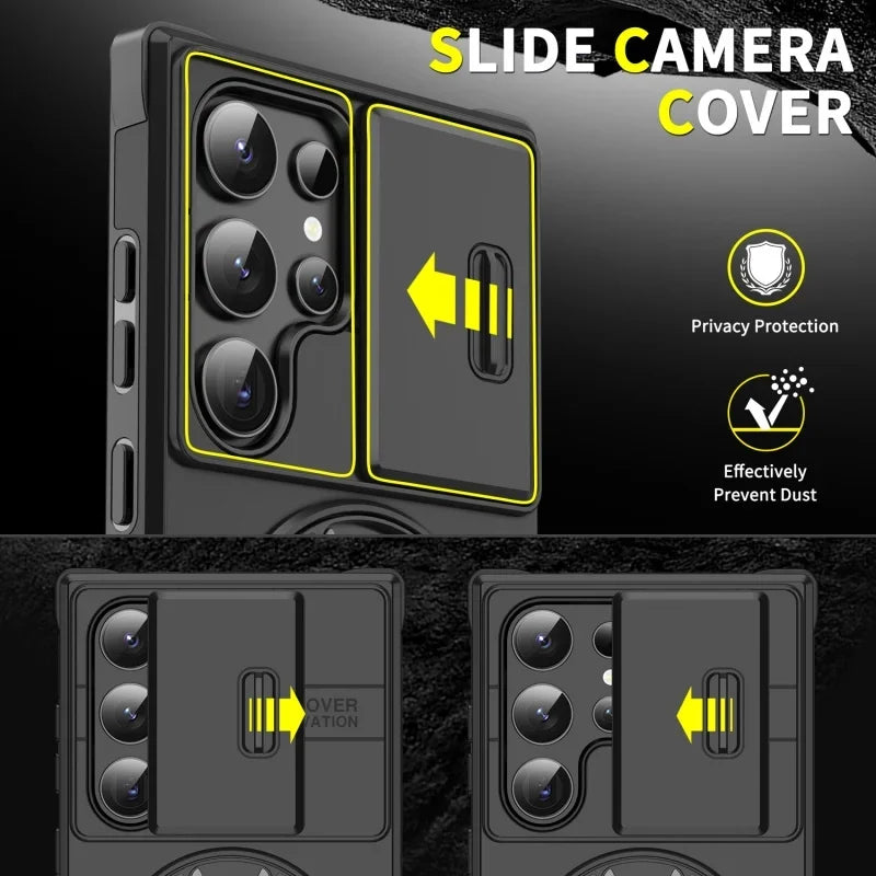 Case For Samsung Galaxy S25 Note 20 Ultra Plus A56 A36 A26 A05 A05S Slide Camera Protect Magnetic holder Armor Shockproof Cover