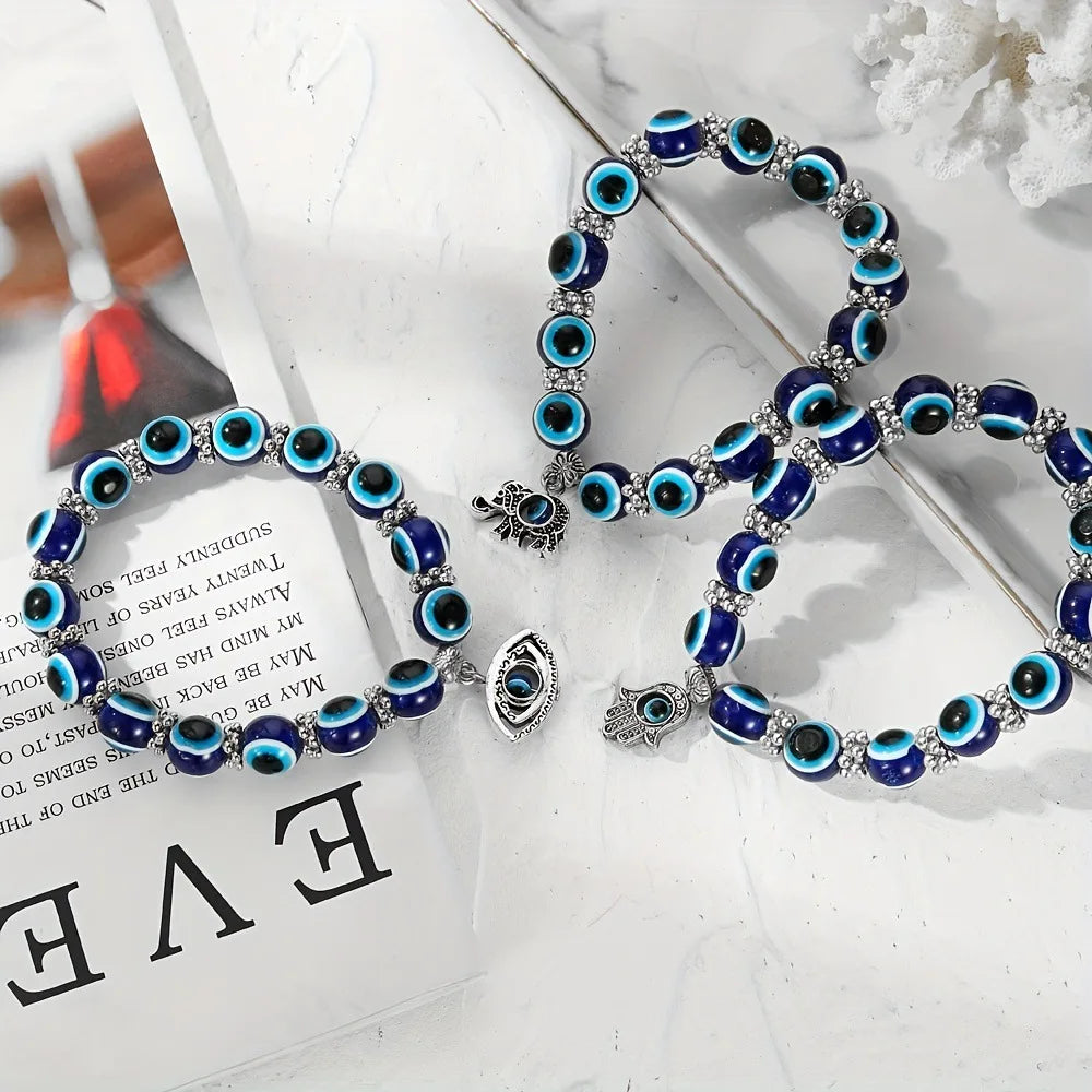 Retro Blue Evil Eye Bracelet for Women Wishing Lucky Handmade Elastic Bracelet for Men and Women Friendship Jewelry Gift