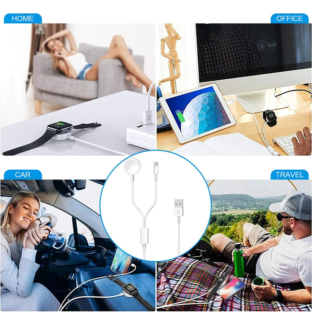 2 in 1 Cable for Apple Watch Charger series 9 8 7 6 5 4 3 USB Fast Portable Charging Station for iphone 14 13 12 11 Pro Max Plus