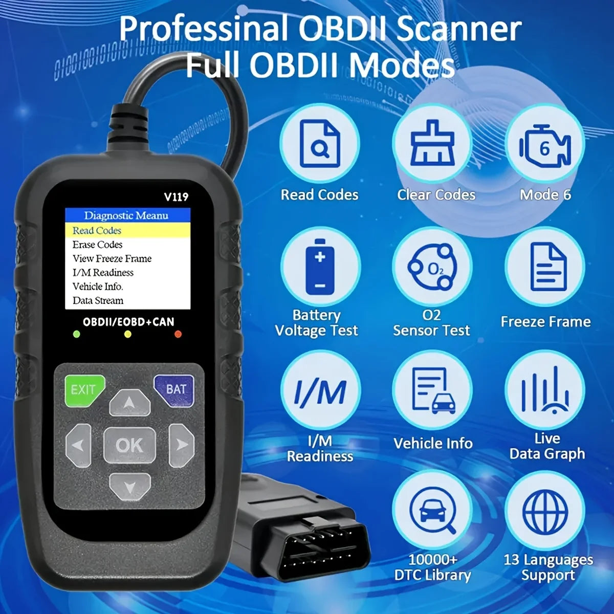 Car Code Reader,Obd2 Car Code Scanner Voltage Tester Engine Fault Code Scanner,Eobd+Can Charge Test Diagnostic Tool for Obdii Protocol Car