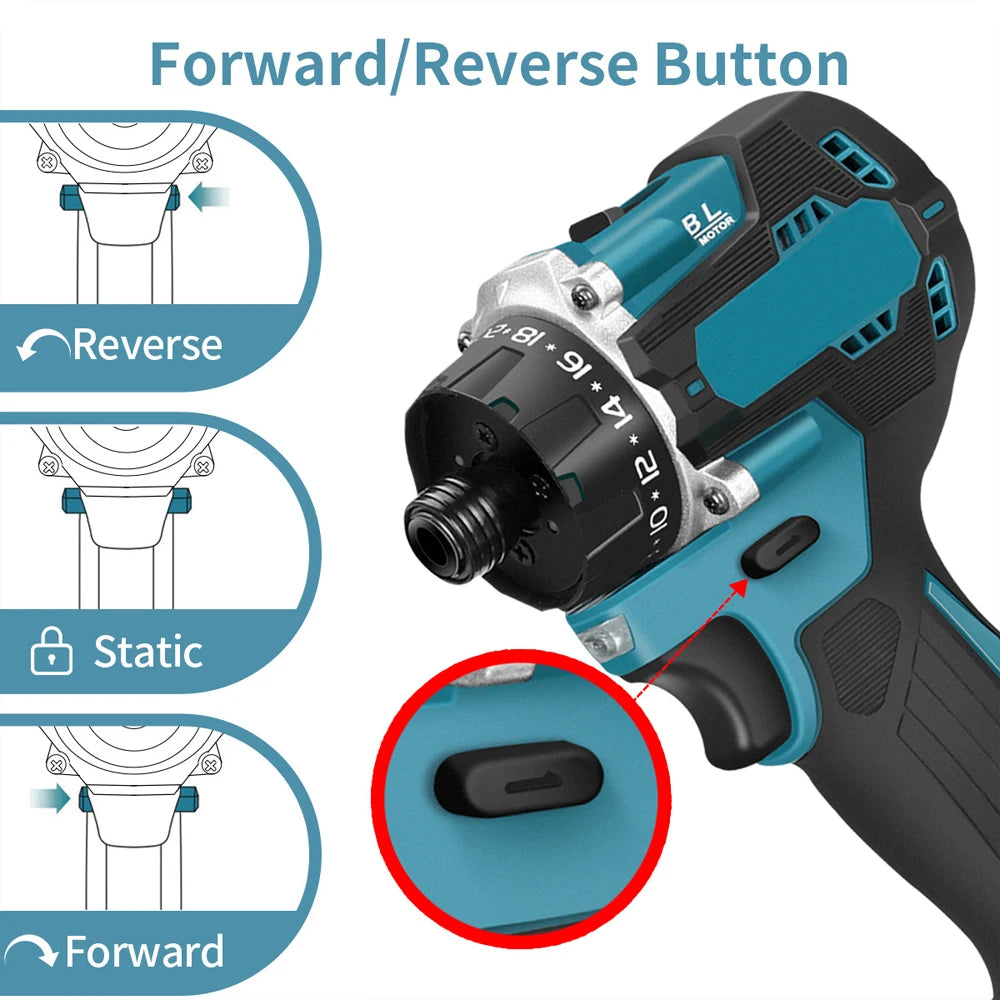 1000W Cordless Electric Screwdriver 20+1 Torque 1/4inch Brushless Electric Drill Power Tool for Makita 18v Battery 280N.m