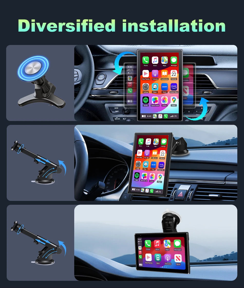 7 inch Portable Multimedia Player Carplay AI Screen IPS Touch Screen GPS Navigation Bluetooth Support Horizontal/Vertical Screen