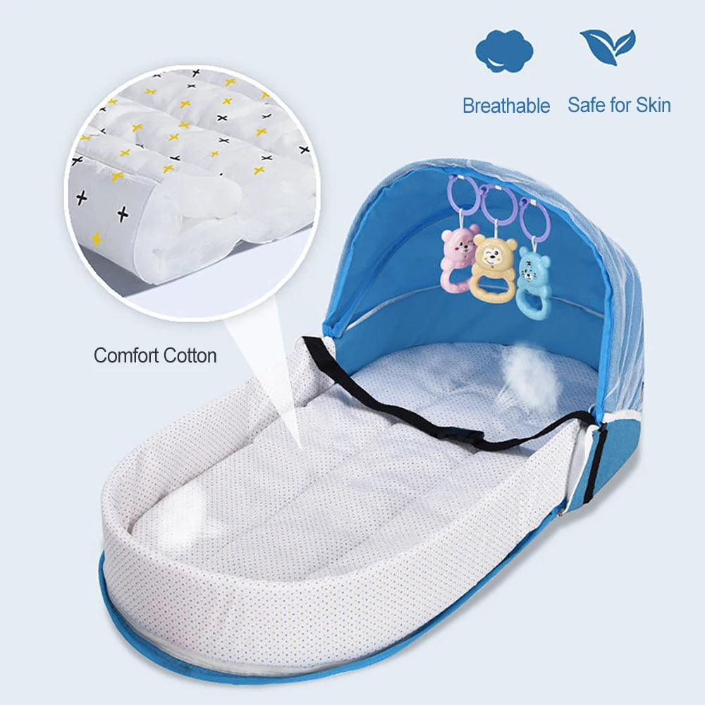Portable Foldable Baby Crib with Mosquito Net Travel Backpack Playpen for Newborns 2-12 Months Multi-Function Baby Bed with Toys