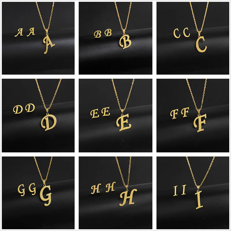 A-Z 26 charm Initial Necklace And Stud Earrings Jewelry Sets Alphabet Pendant Chain Letter mom Gifts Drop Shipping