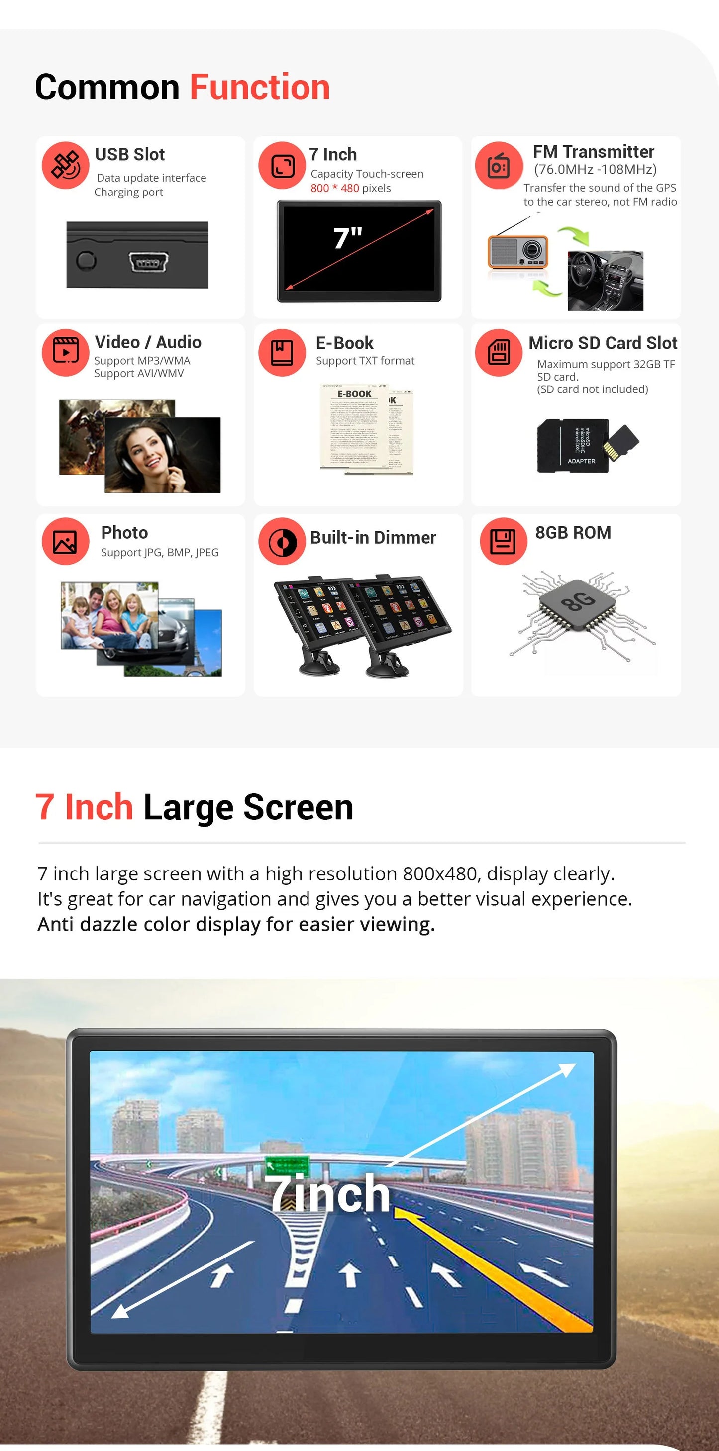 EOENKK 7 Inch Car Truck GPS Navigation Global Maps Europe North America Sat Nav Accessories 8GB Lifetime Free Updates