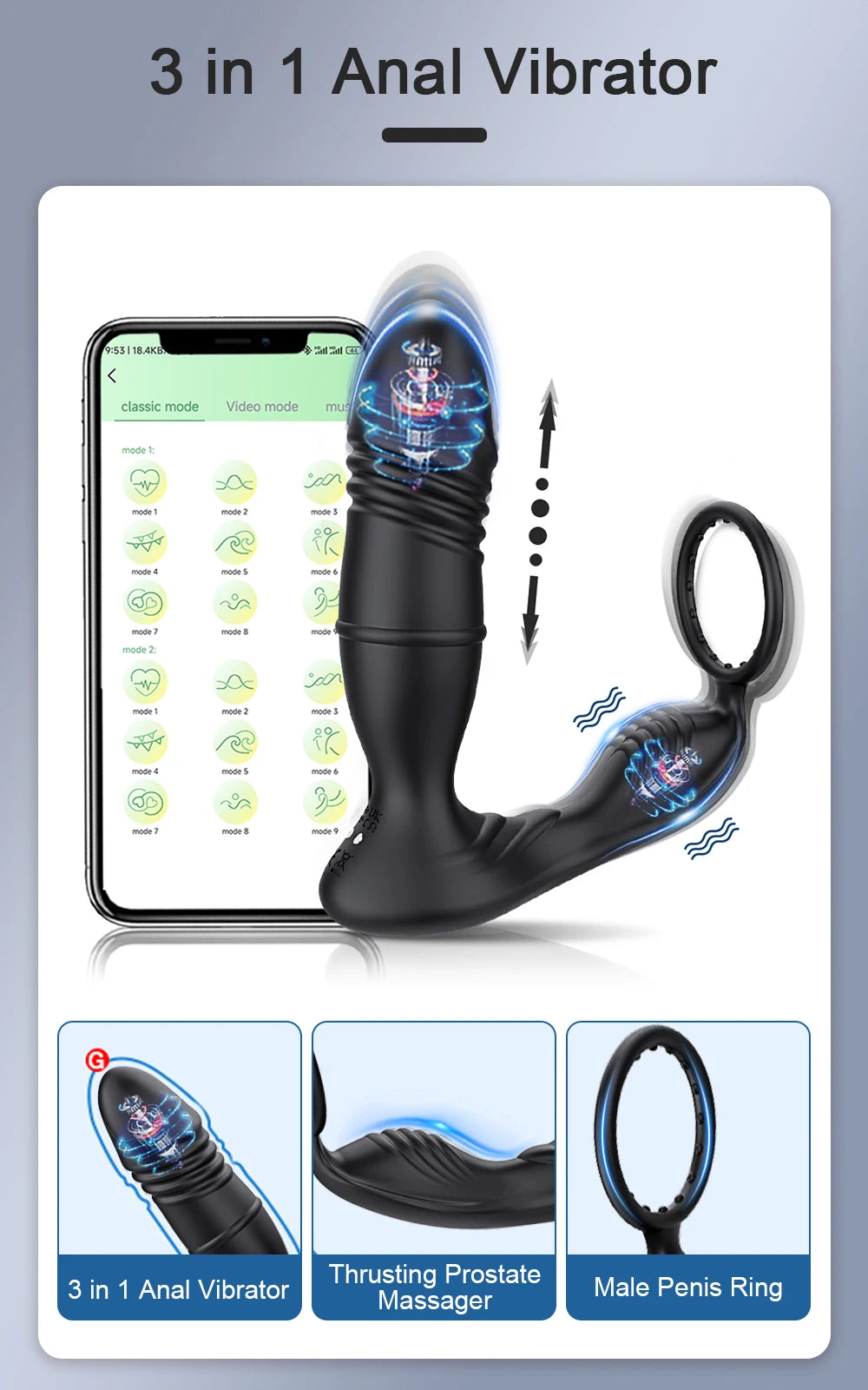 4in1 Thrusting Vibrating Anal Vibrator Prostate Massager Cock Ring Anal Plug G Spot Massager Male Sex Toys for Men Women Couples