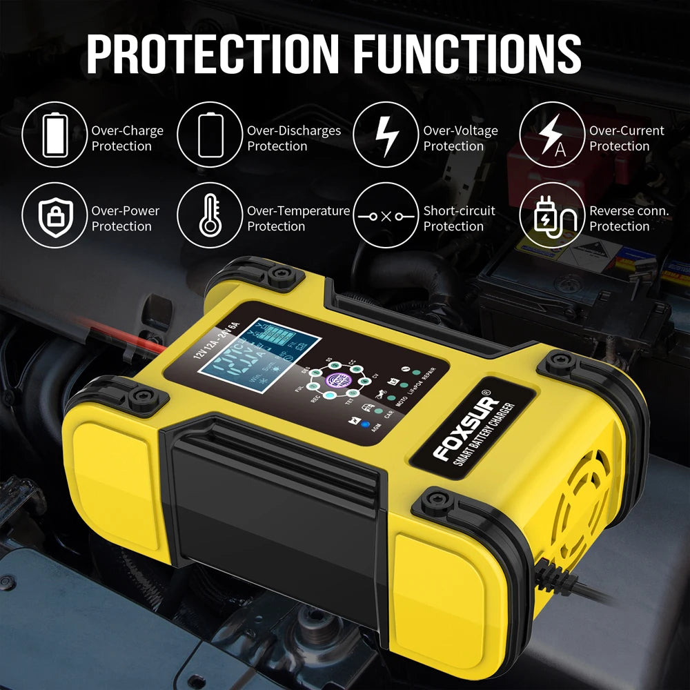 Foxsur Full Automatic Car Battery Charger 12V 12A Digital Display Battery Charger Power Pulse Repair Chargers Wet Dry Lead Acid