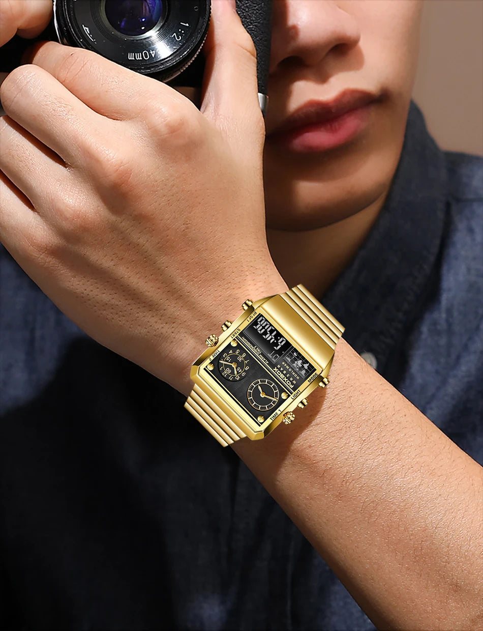 LIGE New Sport Mens Watches FOXBOX Brand Luxury Square Watch For Men Fashion Waterproof Dual Display Watch Relogio Masculino+box