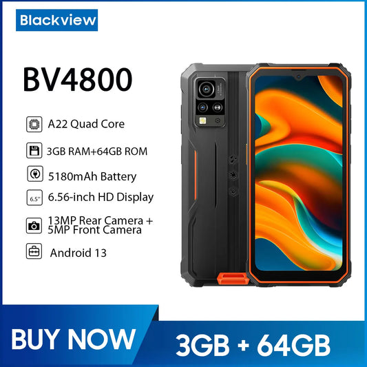 Blackview BV4800 Rugged Smartphone 6.56'' HD Display A22 Quad Core 3GB RAM 64GB ROM 180mAh Battery 13MP Camera Android 13 Phone