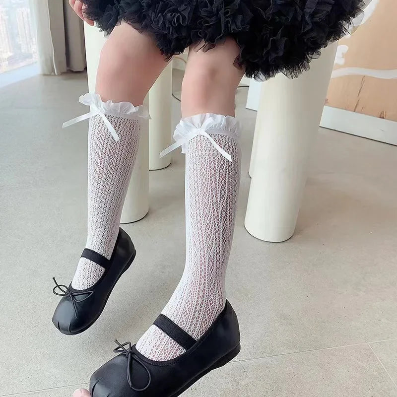 Girls Long Tube Lace Stockings Sweet Bow Pattern Mesh Sock Baby Girl Ballet Fishing Net Frilly Socks Lolita Leggings