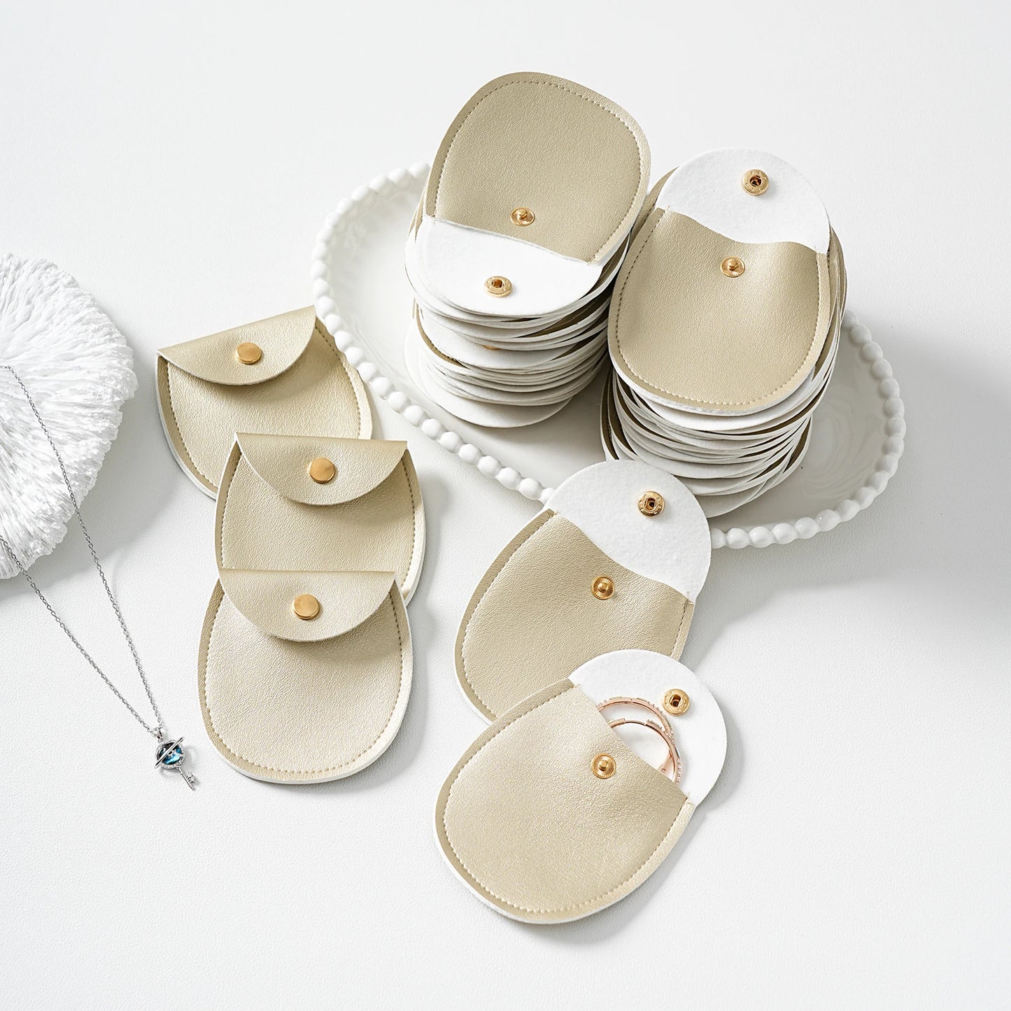 50Pcs Bulk Purple PU Leather Gold Button Snap Pouch Wedding Earring Ring Storage Party Gift Display Travel Packaging Bags