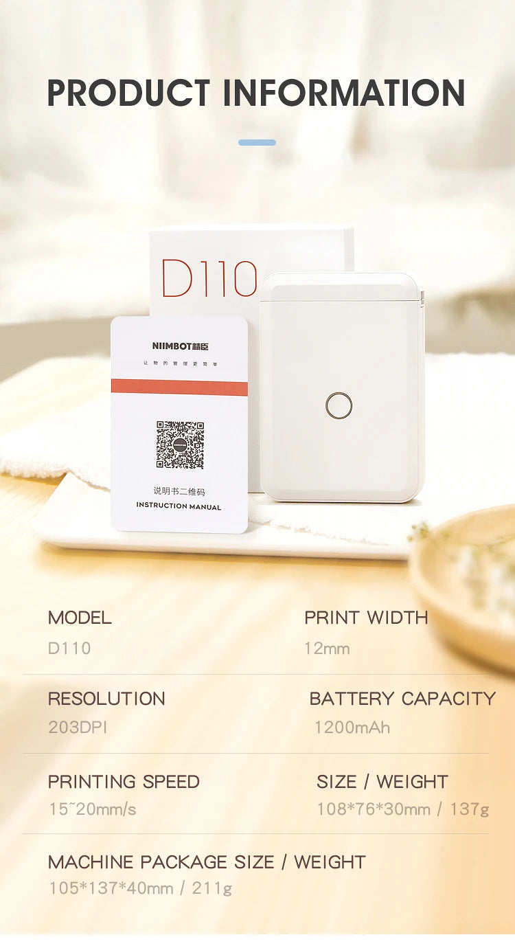 Niimbot D110 Portable Mini Printer Thermal Adhesive Sticker Multicolour And Multistyle Label Printer Inkless Label UV Printer