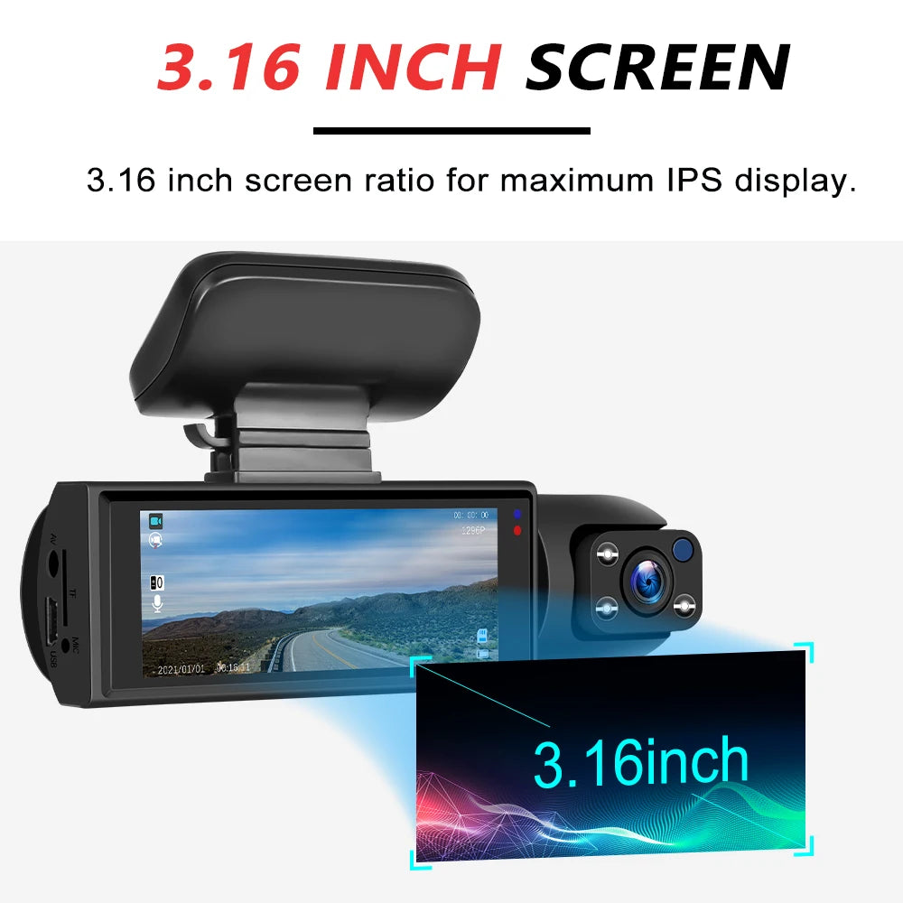 Dash Camera Front And Inside,3.16inchdash Cam 1080P G Sensor HD Night Vision Loop Recording Wide Angle Car DVR