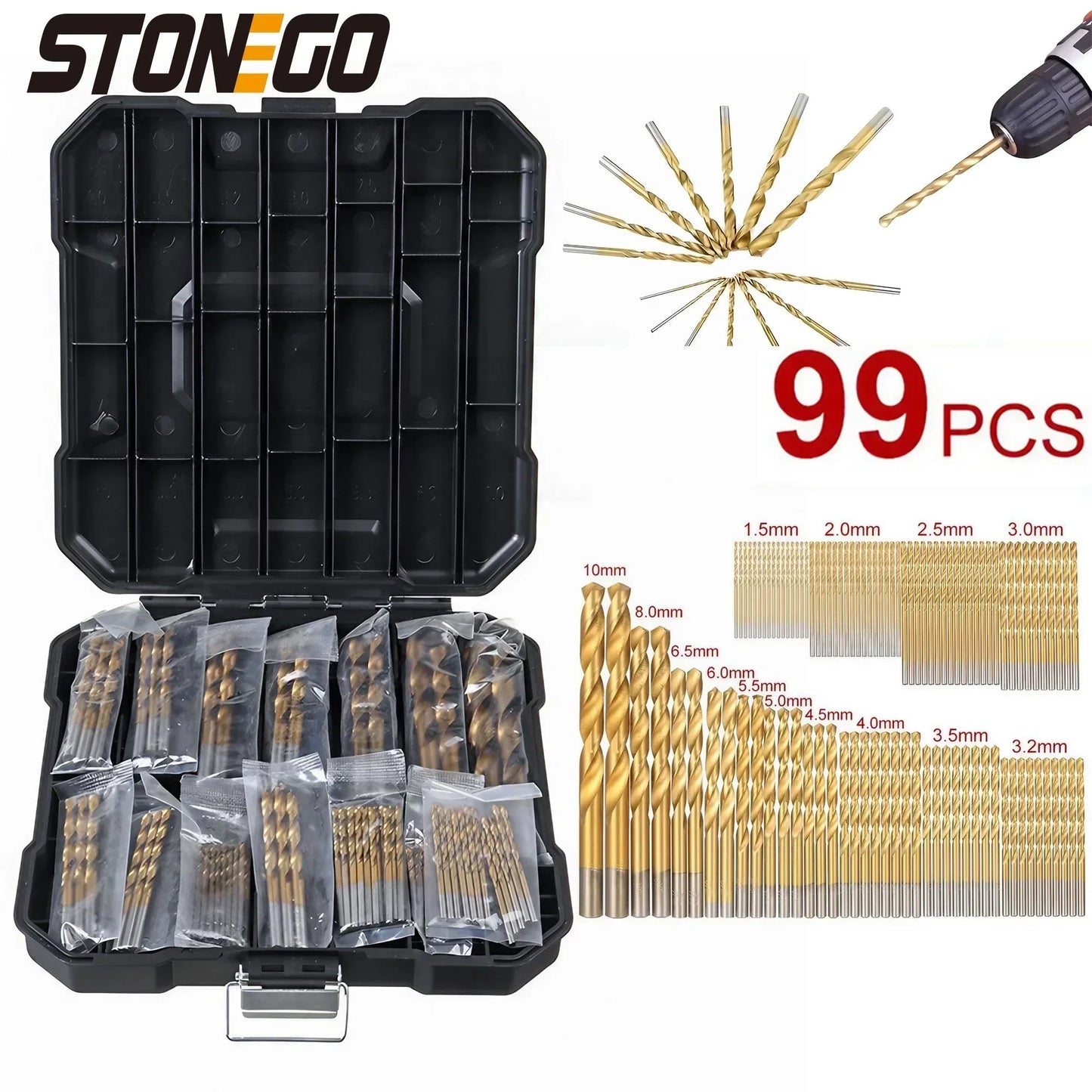 STONEGO 99Pcs High-Speed Steel Titanium Coated Drill Bit Set - 1.5mm to 10mm Twist Drills for Wood, Plastic, and Aluminum