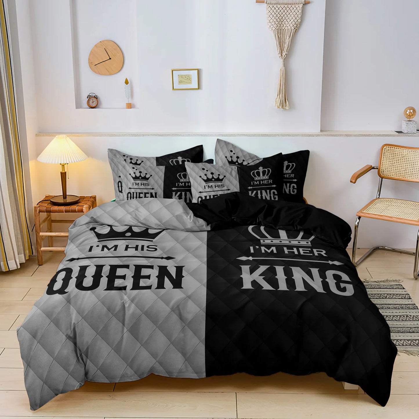 3pcs Couple's King & Queen Printed Duvet Cover Set,Romantic Heart Crown Design, Pink Black Contrast for Sweetness with Elegance
