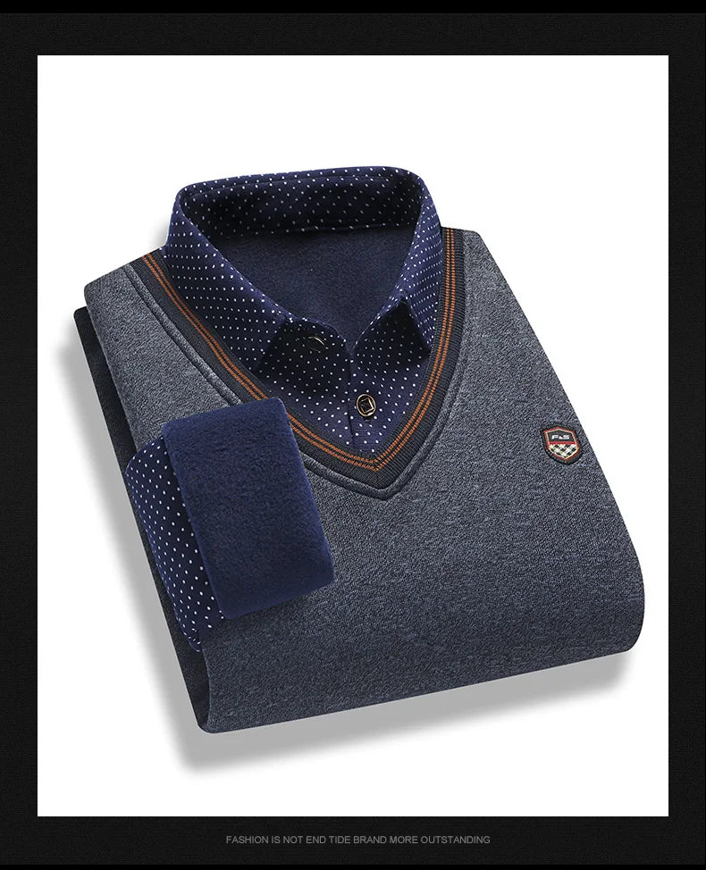 Men's Plush Sweater Autumn Winter Fake Two Piece Pullover Polo Shirt Collar Fleece Thick Warm Top Clothes Casual Jumpers