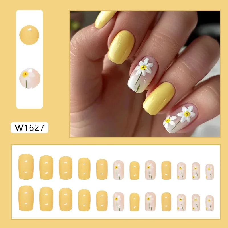 Gold Pink Wine Red 24 Pcs Fake Nail with Jelly sticker Press on False Nails Wearable Round Head Oval Full Cover Nail Tips