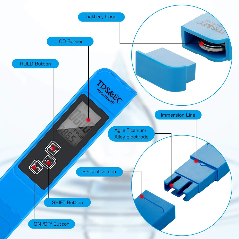 TDS Meter Digital Water Tester High Accuracy Digital 0-14 PH Meter Tester 0-9990ppm TDS&EC LCD Water Purity PPM Aquarium Filter