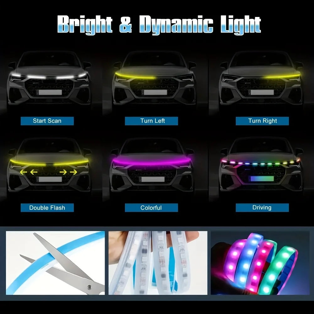 180cm Scan Start LED Car Engine Hood Neon Guide Yellow Turn Signal Decorative Lamp RGB Flexible DRL LED Strip Light Bar 12V