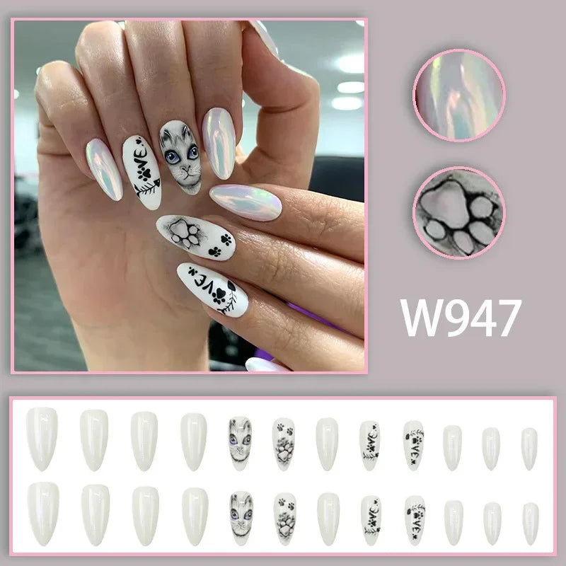 Black Ink Style Fake Nail with Jelly sticker Press on False Nails Wearable Round Head Oval Full Cover Nail Tips